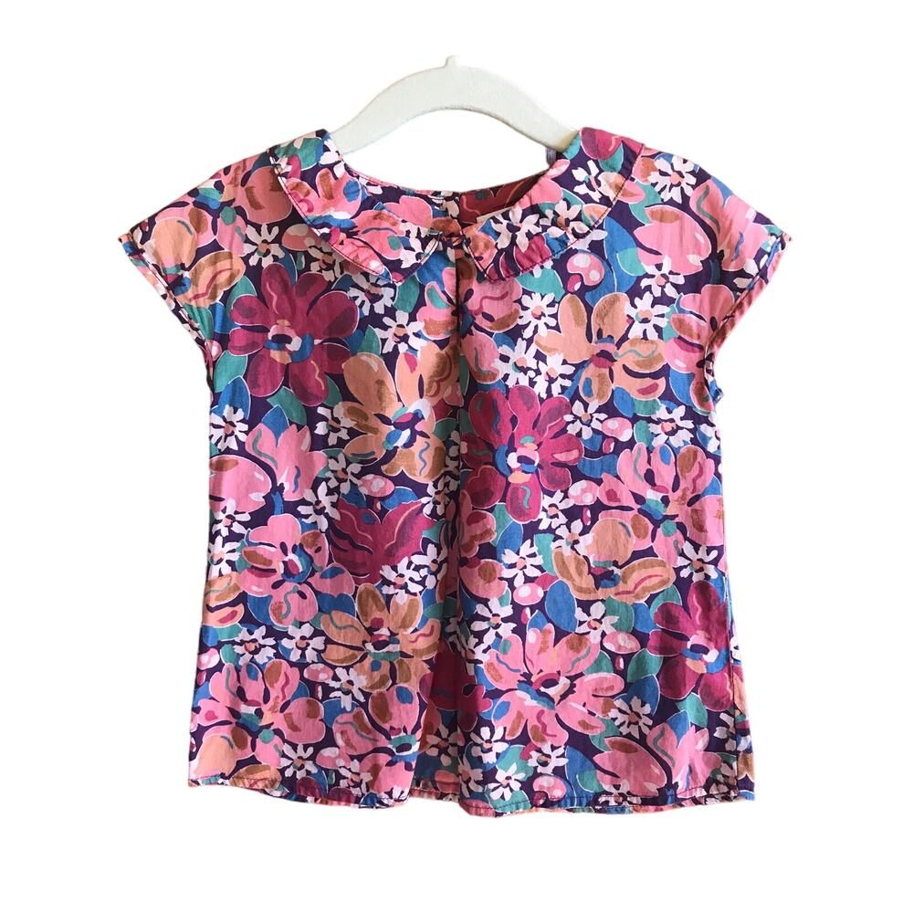Girl's Floral Neige Top Blouse Swing Short Sleeve Peter Pan Collar 4 EUC